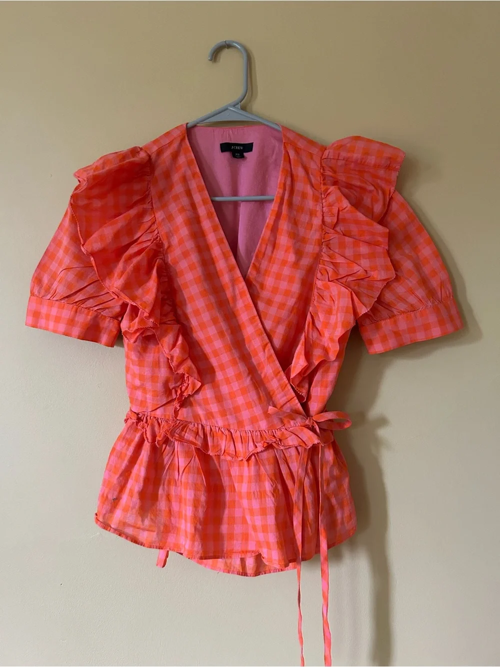 J Crew Bright Pink-Orange Gingham Ruffle Wrap Top